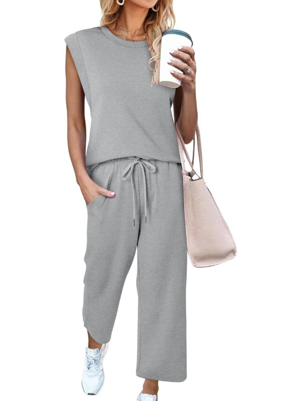 Women's Gray Two Piece Sets Casual Travel Vacation Outfits Summer Wide Leg